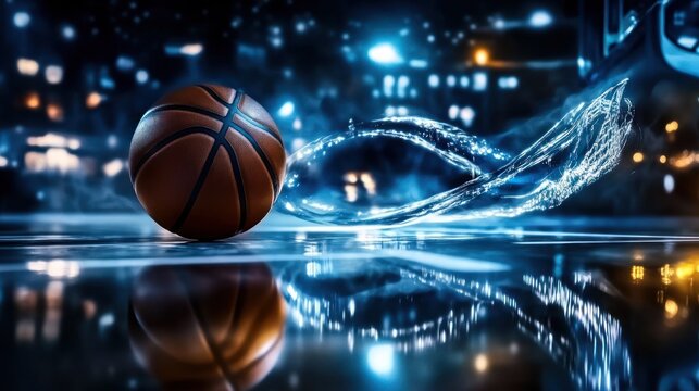 Dynamic Basketball in Motion with Fluid Light Trails at Night