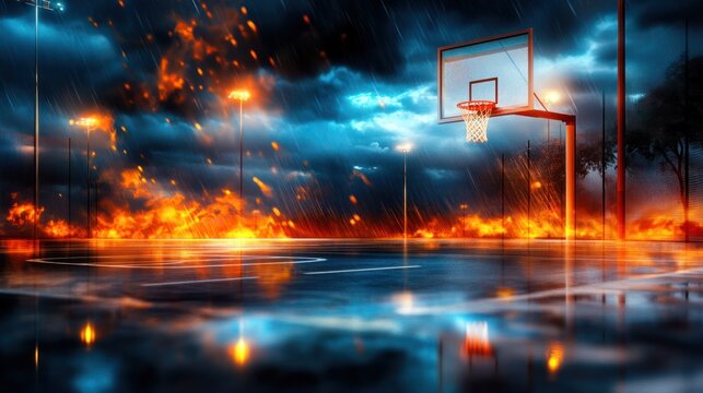 Dramatic Basketball Court Under Stormy Sky with Fiery Background