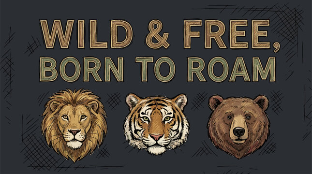 Artistic typography slogan featuring hand drawn cartoon wild animal head icon vector illustration design for creative forest mammal poster and shirt prints