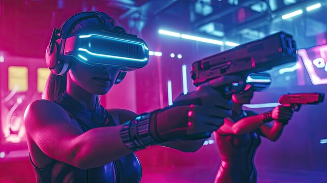 Futuristic Woman with VR Headset and Gun in Neon Environment