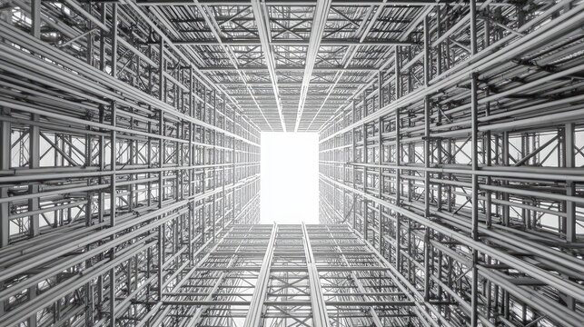 Looking Up Through Steel Framework in Modern Architectural Design