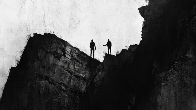 Silhouettes of Adventurers on Mountain Peak Against Dramatic Sky