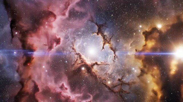 A stunning astronomical scene depicts a bright star shining within a vibrant nebula filled with swirling gas and cosmic dust in deep space.