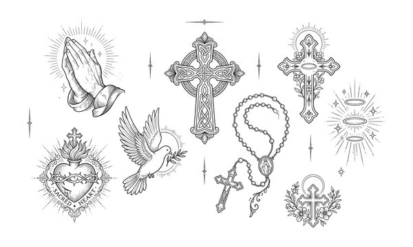Vintage Christian religious symbols set featuring praying hands, Celtic cross, sacred heart, peace dove, rosary, and floral cross vector illustrations