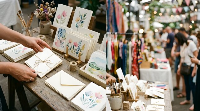 Artist hands organizing watercolor floral note cards at a craft market stall