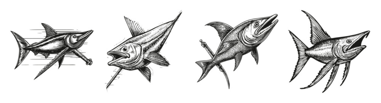 Vintage Engraved Illustrations of Fish in Dynamic Poses, vector illustration, engraving design, logo design set, black and white line, template design element
