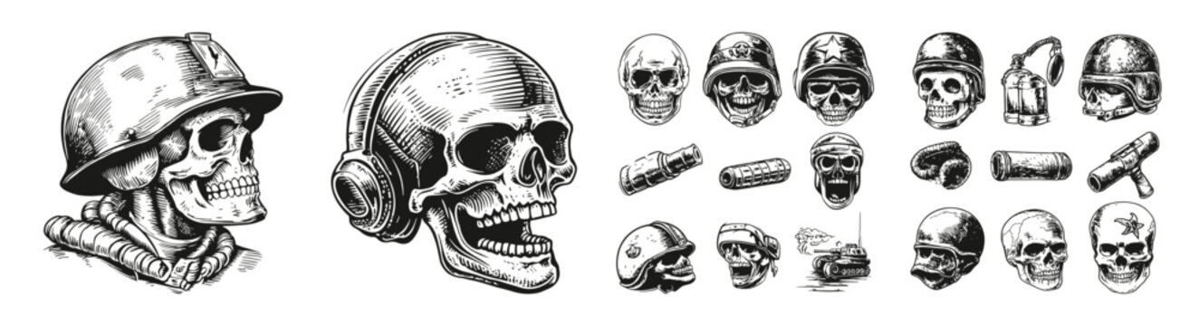 Vintage Army Skull Illustrations with Military Elements and Gear, vector illustration, engraving design, logo design set, black and white line, template design element