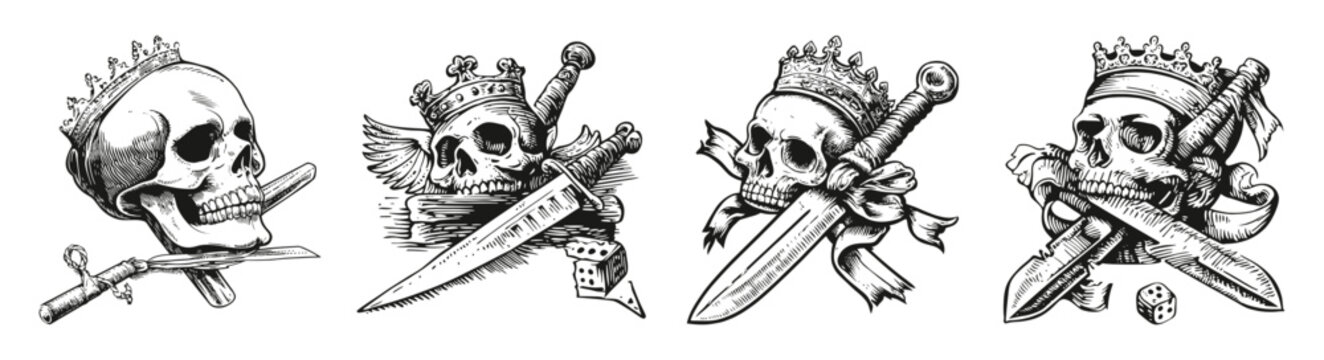 Artistic Skull Illustrations with Swords and Crowns in Vintage Style, vector illustration, engraving design, logo design set, black and white line, template design element