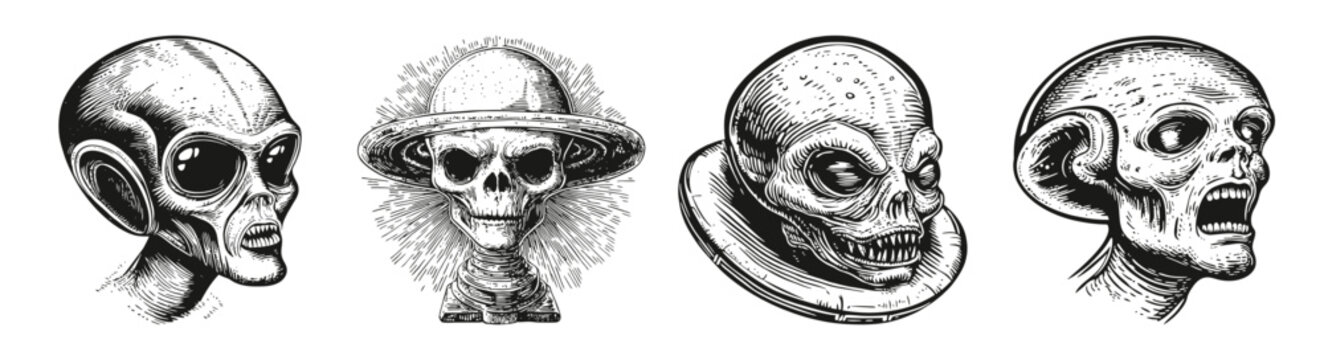Detailed Vector Logo of Various Alien Head Illustrations, vector illustration, engraving design, logo design set, black and white line, template design element