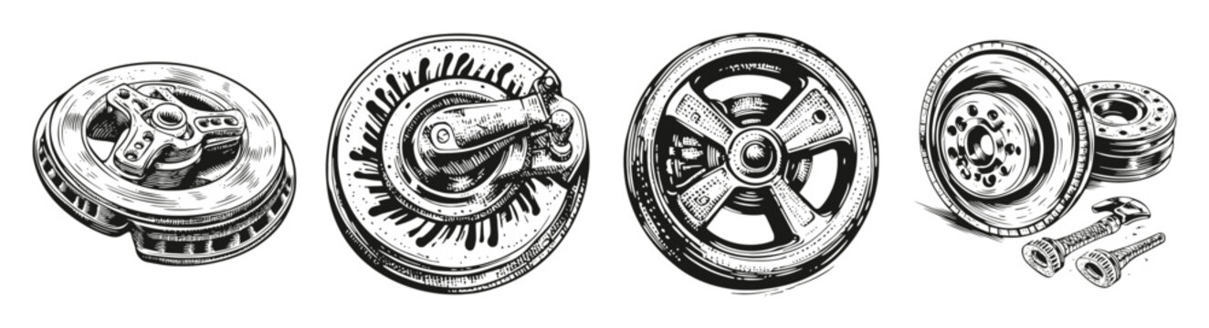 Detailed Illustration of Car Parts and Components for Mechanics, vector illustration, engraving design, logo design set, black and white line, template design element