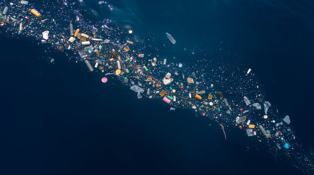 Floating plastic debris trail in open sea viewed from above, ocean garbage patch, marine litter, environmental pollution, waste management and ocean conservation concept floating p