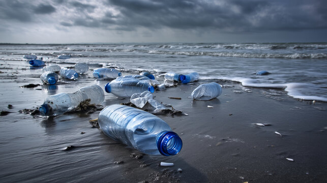 Discarded plastic water bottles covering polluted shoreline, dramatic ocean background, single use plastic waste, environmental awareness, recycling responsibility and eco protecti