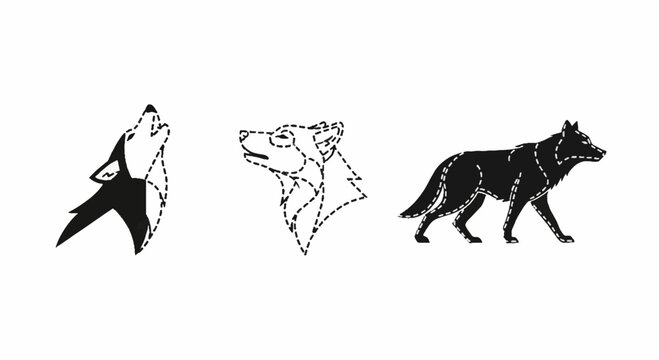 Wolf icons in howling and walking poses with dashed lines
