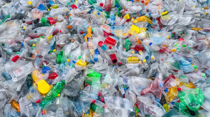 Naklejka premium Massive pile of mixed plastic waste and bottles for recycling, environmental pollution, landfill problem, waste sorting, circular economy and sustainability awareness concept plast