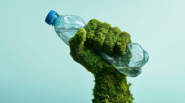 Green moss hand crushing clear plastic bottle, symbolic eco image about plastic waste, recycling, climate responsibility, environmental awareness and sustainable future concept gre
