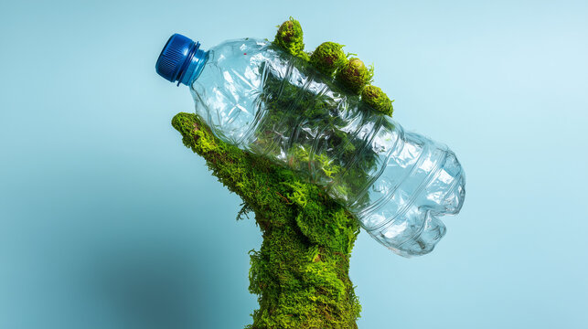 Green moss hand crushing clear plastic bottle, symbolic eco image about plastic waste, recycling, climate responsibility, environmental awareness and sustainable future concept gre
