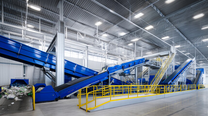 Fototapeta premium Modern waste recycling facility with blue conveyor belts and industrial sorting equipment, automated material recovery plant, sustainability, waste management and circular economy