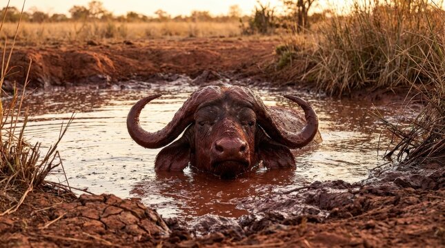 A cinematic landscape view of a massive African buffalo wallowing in a muddy waterhole in the savanna, captured in a scenic widescreen composition reflecting the raw beauty of the wild environment.