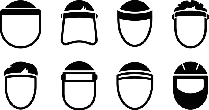 Protective face shield icons for safety and healthcare environments showing variety of plastic visors used for personal head protection against germs and debris.