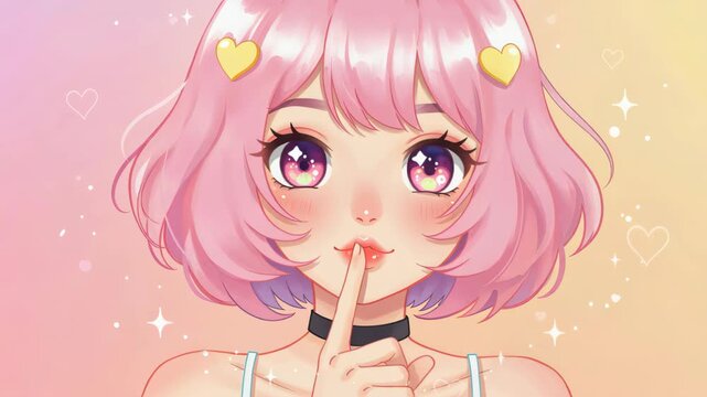 Cute Anime Girl with Pink Hair and Heart Accessories: An adorable anime girl with vibrant pink bob hair, large sparkling purple eyes.