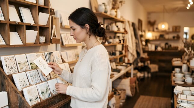 Young woman shopping for handmade artistic stationery in a boutique shop