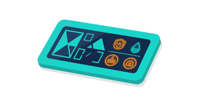 Colorful remote control with geometric symbol buttons.