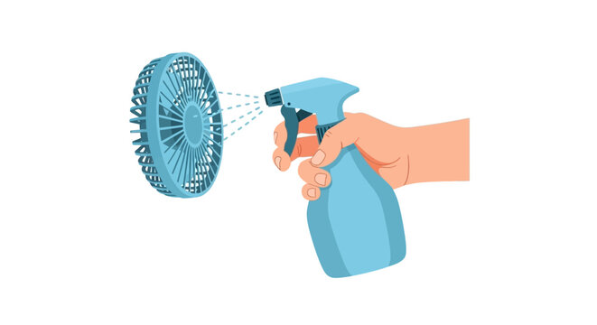 Hand spraying cleaner on electric fan blades for maintenance.
