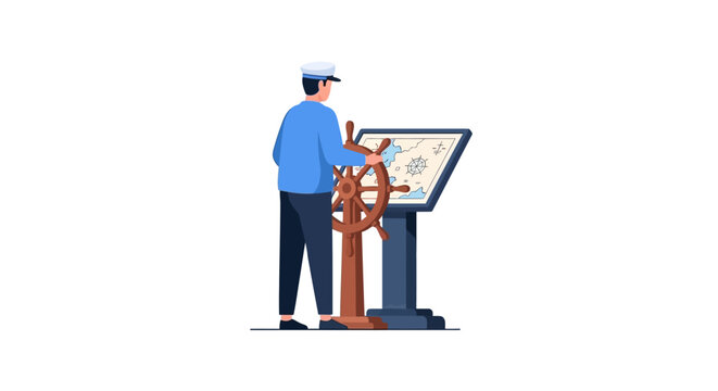 Captain navigating with modern digital ship steering wheel display.