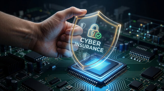Cyber insurance protection shield, digital data security concept, hand holding glowing virtual insurance icon