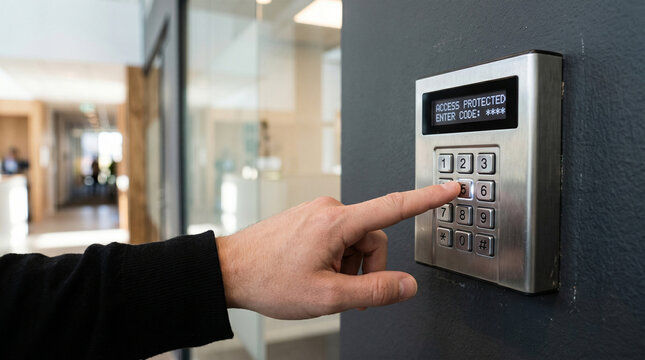 Security keypad access control, hand entering pin code on electronic lock, office building safety system