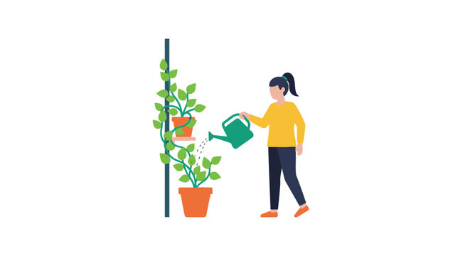 Woman happily watering green potted plants indoors.