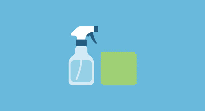 Spray bottle and green cloth for cleaning supplies.