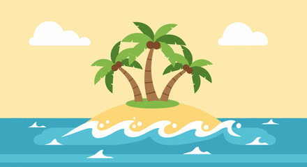 Obraz premium Tropical Island with Palm Trees in Ocean Flat Vector Illustration