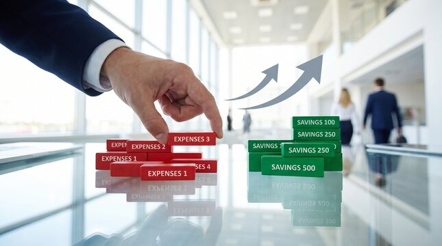 Financial management concept, hand moving red expense blocks toward green savings, business growth and profit strategy