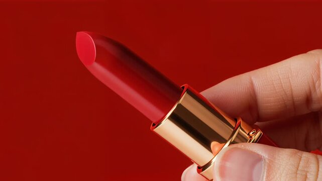 Ruby Red Lipstick Elegance: A person's hand holds a vibrant red lipstick with a golden casing, set against a rich red background, highlighting its luxurious texture and classic allure.