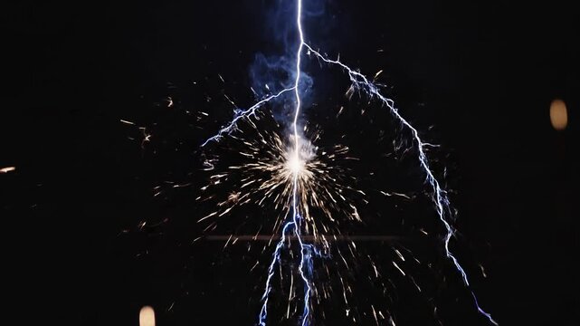 Aggressive electrical sparks popping and crackling violently against pitch black background loop high quality video