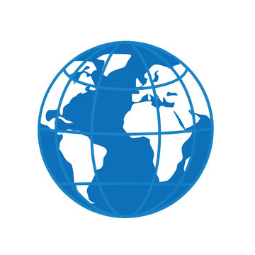 Minimalist blue globe icon representing global connectivity and world map.