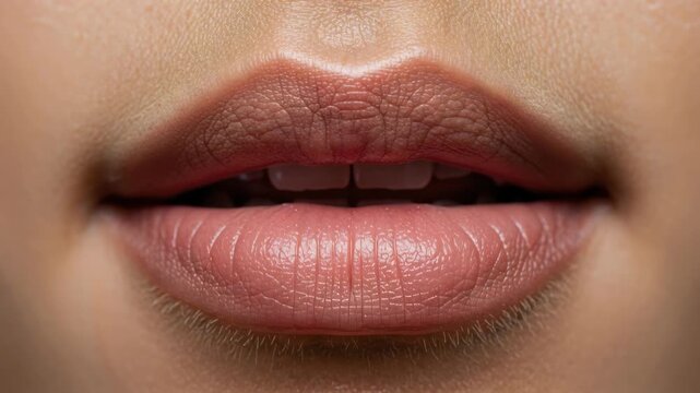 Close-up on Lips: A detailed, macro view of a human mouth, focusing on the texture and shape of the lips, inviting contemplation on communication and expression.