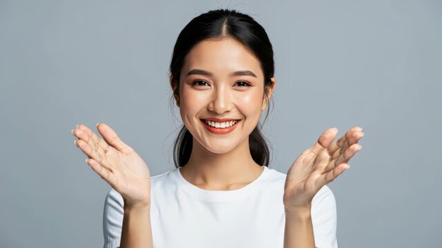 Surprised Smile: A young Asian woman with a cheerful, open-mouthed smile and outstretched hands, conveying surprise and delight.