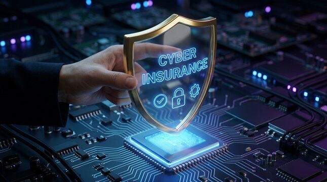 Cyber insurance shield on computer motherboard, digital security protection, network safety and data risk management