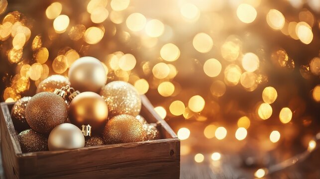 A close-up view of golden and white Christmas ornaments nestled in a wooden box, set against a bokeh background of warm, glowing lights