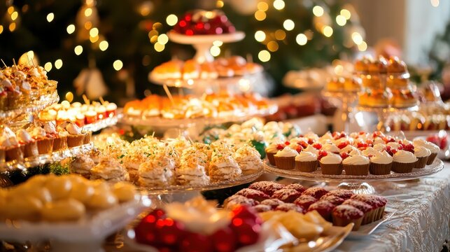 A festive Christmas dessert table laden with an abundant selection of colorful, decorated holiday sweets and appetizers, perfect for any celebratory gathering.