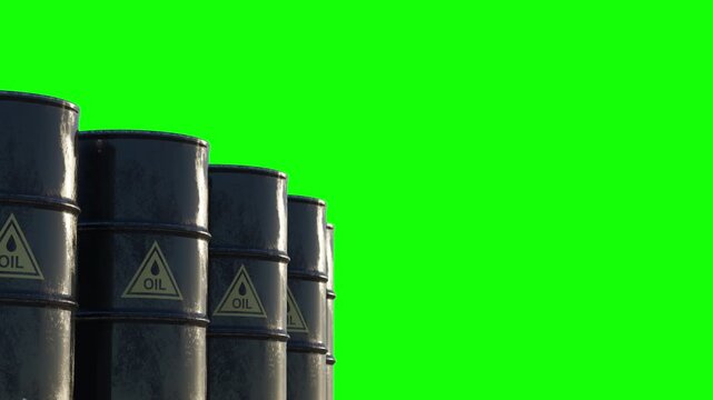 Animated oil barrels on chroma key background for energy, finance and commodity projects. Easy compositing for news and business content. Part of series. Beautiful 3d Animation 4k, 3840x2160