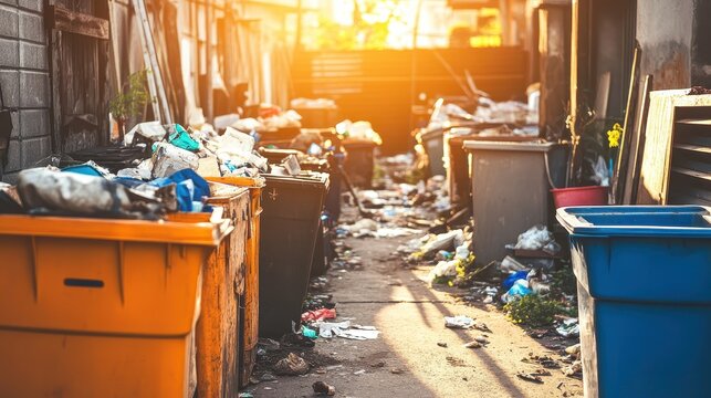 An overflowing alleyway filled with trash cans and discarded items bathed in bright sunlight
