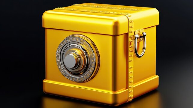 A lustrous golden safe with a complex dial and sturdy latch, representing secure storage for valuable assets.