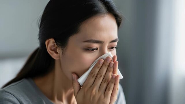 Woman blowing nose: A young woman with dark hair blows her nose into a tissue, her face shows signs of discomfort and congestion, suggesting she is feeling unwell.