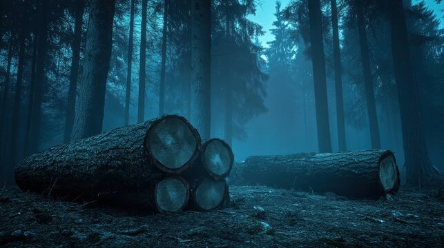 A stark, dramatic scene of deforestation in a blue-toned misty forest with freshly cut logs prominent in the foreground.