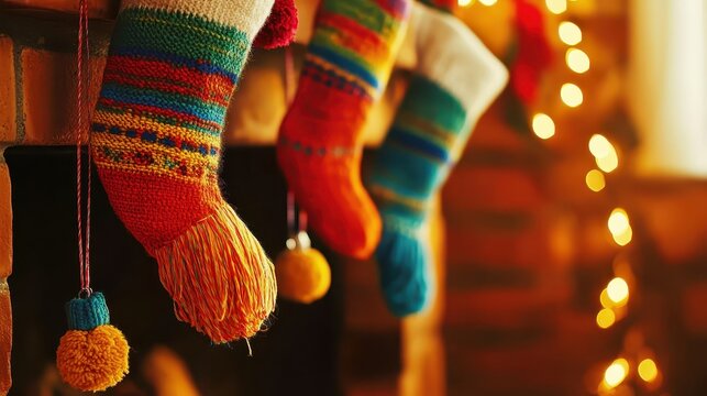 Colorful knitted Christmas stockings with tassels and pom poms hang by a warm, softly lit fireplace, inviting festive holiday cheer and gifts.