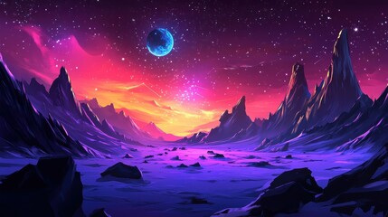 Fototapeta premium Alien planet landscape under a vibrant star-filled cosmic sky with a glowing moon