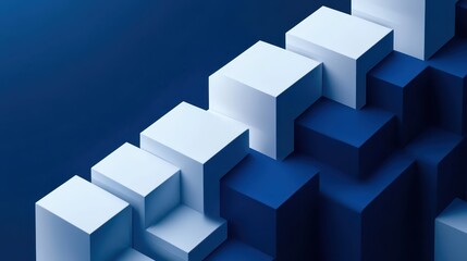 Fototapeta premium Ascending white and blue geometric cubes symbolizing business growth and strategic progress in a modern abstract design.